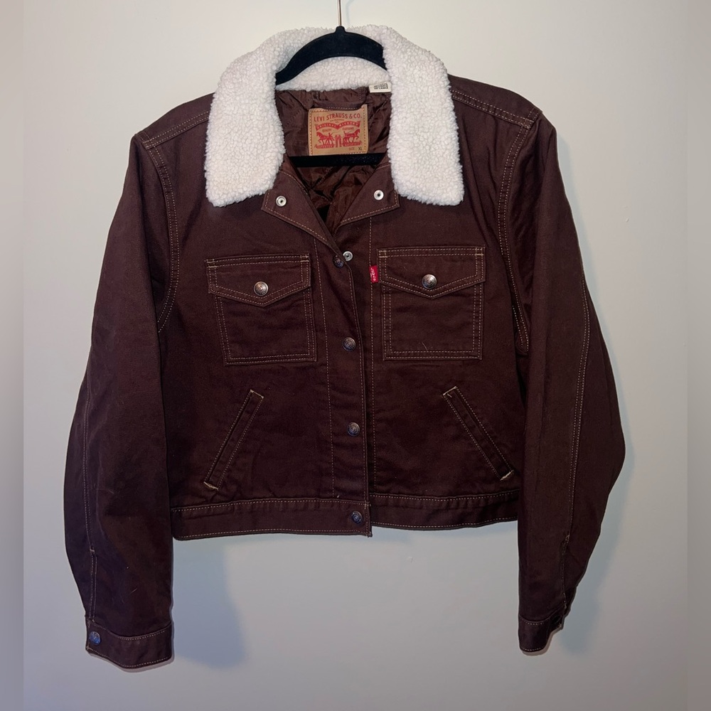 Levi's Women's Dark Brown Jean Jacket with White Sherpa Collar